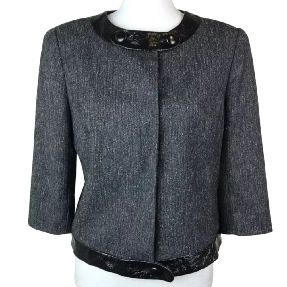 Worthington Cropped Blazer Top M‎ Black Faux Leather Snap Front Office Workwear